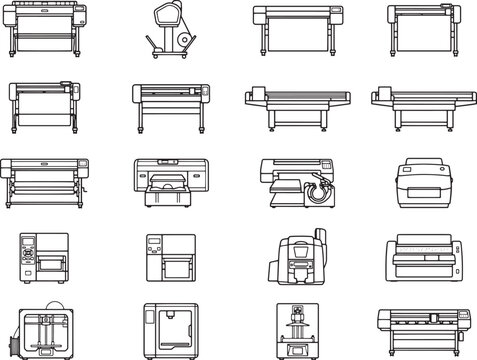 A collection of various printer and plotter outline icons, showcasing different models and sizes for graphic design and printing needs.