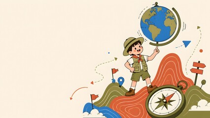 Naklejka premium Cute Boy Scout Explorer Standing on Hill Holding Spinning Globe with Compass for Outdoor Adventure
