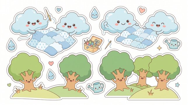 Adorable clouds sew a rain quilt while happy trees flourish on green hills with watering tools