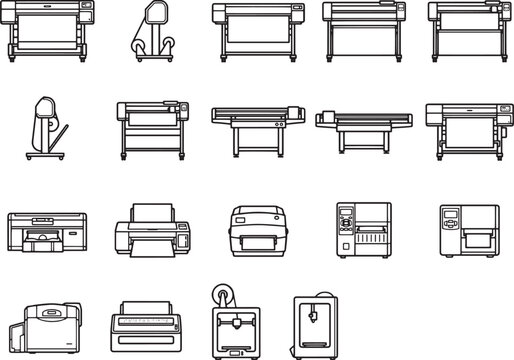 Collection of various printer and plotter line art icons arranged in a grid, representing different types of printing technology and equipment.