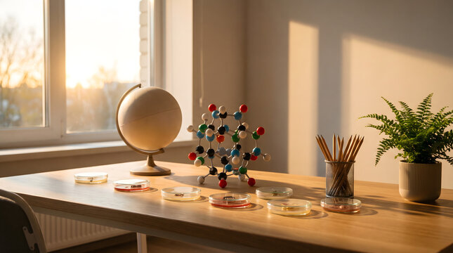 Science Classroom Desk with Globe, Molecular Model and Petri Dishes in Golden Light