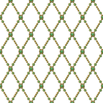 Seamless pattern with jewelry golden chains, green gemstones arranged in geometric rhombic grid like lattice. Transparent background. Luxury design