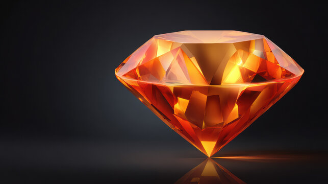 A stunning close up view reveals the intricate facets of a radiant orange gemstone diamond, glowing against a dark background, reflecting light with brilliance and depth.