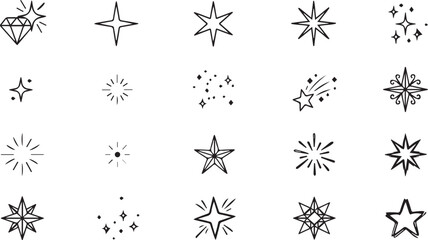 Minimalist sparkle and star icons set hand drawn celestial starburst vectors for logo design black line art diamond and shooting star elements isolated on white background © MSTSORZO