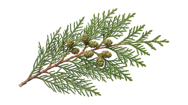 Green cedar twig with small cones isolated on transparent background png high resolution macro photography.