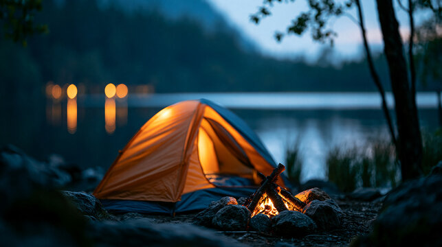 Camping by a tranquil lake at twilight with a glowing tent and campfire, atmospheric evening light on the landscape, defocused forested mountain in background, twilight lake glow