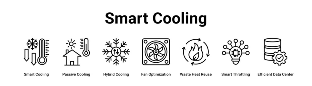 Smart Cooling web banner icon vector illustration concept for technology with icon of Smart Cooling, Passive Cooling, Hybrid Cooling, Fan Optimization, Waste Heat Reuse, Smart Throttling, Efficient.
