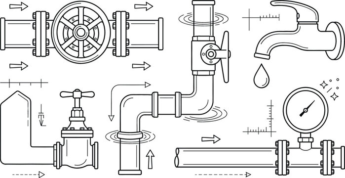 Plumbing vector line art icons set with water pipes industrial valves faucet pressure gauge elements on white background