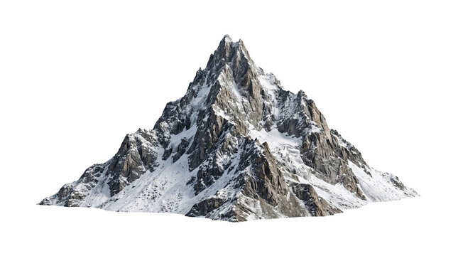 Rugged snow covered mountain peak sharp rock formation isolated on transparent background png asset file.