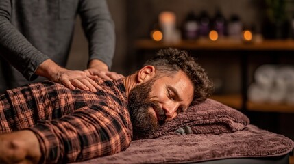 Obraz premium A smiling man receives a back massage with blurred bottles in the background for wellness therapy.