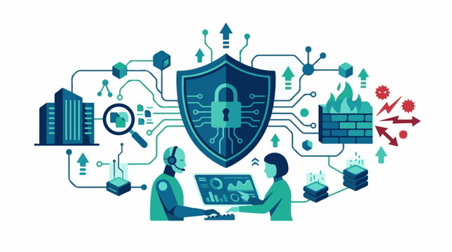 Cybersecurity concept with shield lock and people working on computers