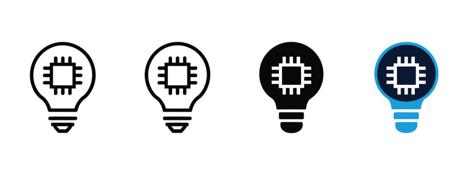 Smart bulb icon set, a microchip light symbol, representing AI innovation, digital technology, intelligent automation, electronics, and energy-efficient solutions.