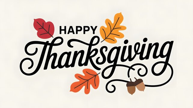 Happy thanksgiving text with colorful autumn leaves and acorns for holiday greeting card design