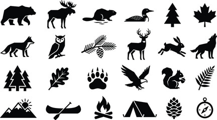 Fototapeta premium Canadian Forest Wild Animal Black Silhouette Icon Set with Bear Moose Beaver Wolf and Camping Symbols for Woodland Nature Graphic Designs