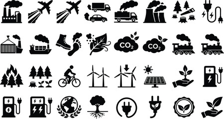 Naklejka premium Carbon Footprint and Green Energy Silhouette Icon Set with Pollution Factory CO2 Emissions Solar Panels and Wind Turbines for Ecology Designs