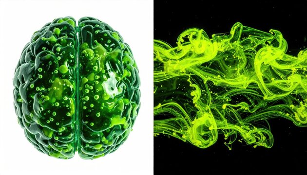 Green brain model and vibrant neon smoke, a striking contrast