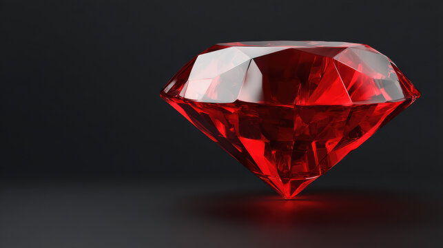 A single brilliant red ruby gemstone sparkles with light, resting on a dark gray surface, its facets reflecting a dazzling display of vibrant color and shine.