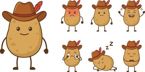 Fototapeta premium Cute cowboy potato mascot character sheet vector illustration set featuring different expressions happy angry sad sleeping and crying