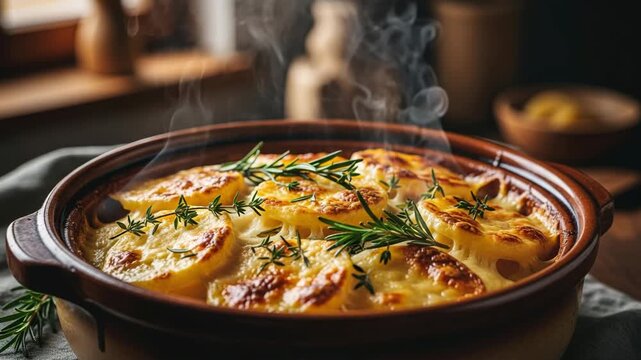 Steaming hot potato gratin with melted cheese and fresh herbs in rustic ceramic dish 4K Ai HD high quality video.