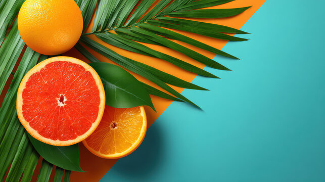A vibrant assortment of citrus fruits, including oranges and grapefruit, are beautifully arranged with palm leaves on a bright split orange and turquoise background.