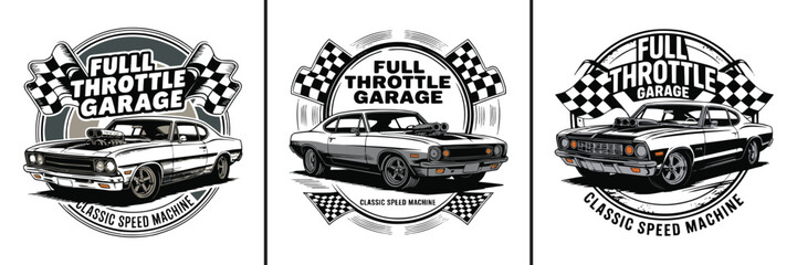 Three circular emblems featuring classic muscle cars and racing flags © Vectyx