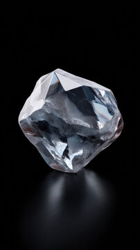An uncut, rough diamond reflects light on a sleek black surface, showcasing its natural brilliance and potential beauty before being cut and polished further.