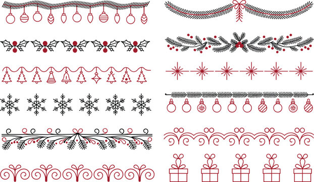 Set of christmas borders and dividers, decorative design elements for winter holidays and celebrations