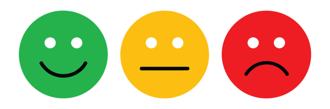 Emoji face icon set with happy, neutral, and sad expressions, representing customer feedback, satisfaction ratings, user experience, and review systems.