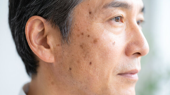 男性の顔に広がる日焼けのシミ　紫外線ダメージと年齢肌のクローズアップ