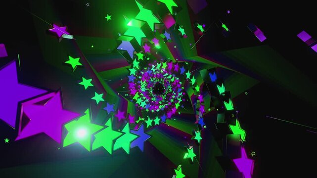 Seamless VJ loop with glowing neon stars spiral tunnel and psychedelic motion for high-tech club visuals, electronic music festivals, stage screens and for LED video walls