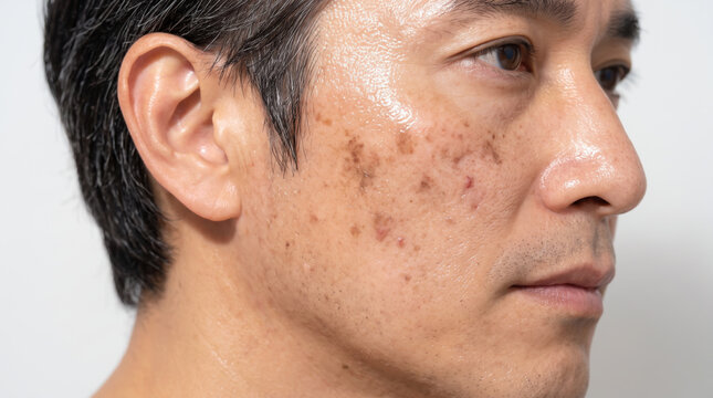 男性の顔に広がる日焼けのシミ　紫外線ダメージと年齢肌のクローズアップ