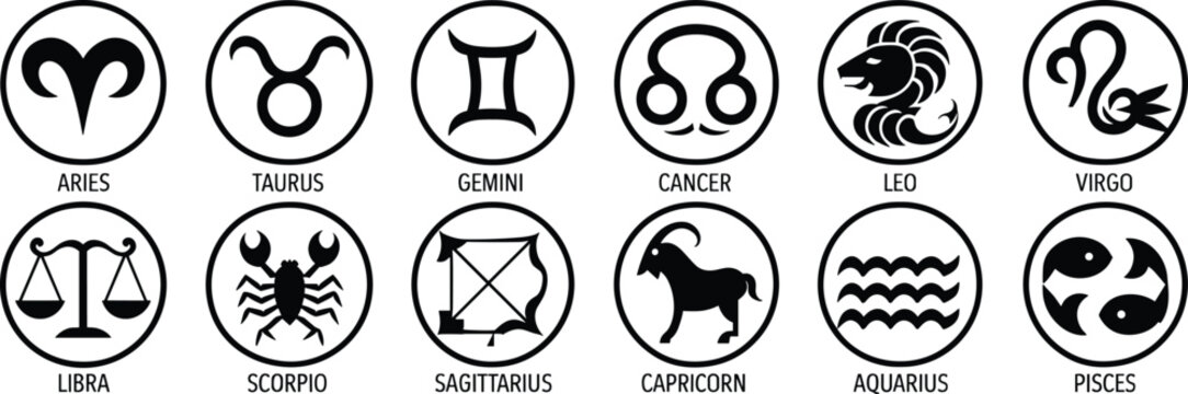 Zodiac sign set featuring twelve astrological symbols in circular frames for horoscope astrology and celestial themed projects