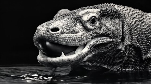 B&W close-up of a reptile's head partially submerged in water, against a dark background