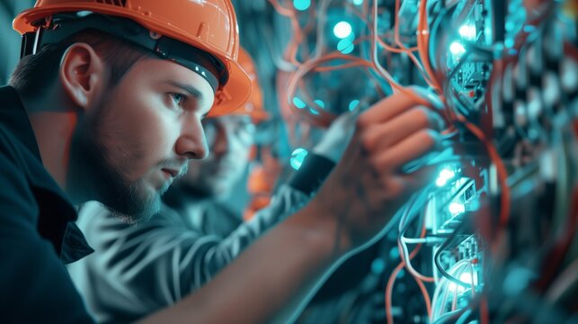 electrician and engineer work on an electrical circuit with many cables for communication and data transfer