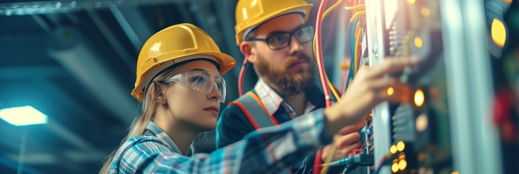 female electrician and engineer work on an electrical circuit with many cables for communication and data transfer