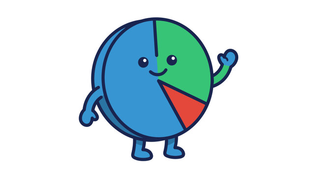 Cute cartoon pie chart character with a friendly face and waving arm.