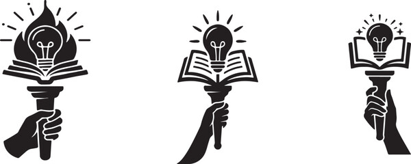 Fototapeta premium Set of Minimalist Vector Silhouettes of Hand Holding Torch with Book and Lightbulb, Symbol of Knowledge and Education
