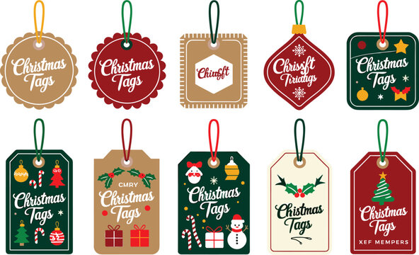 Set of ten decorative christmas tags with festive typography and holiday illustrations for gifting