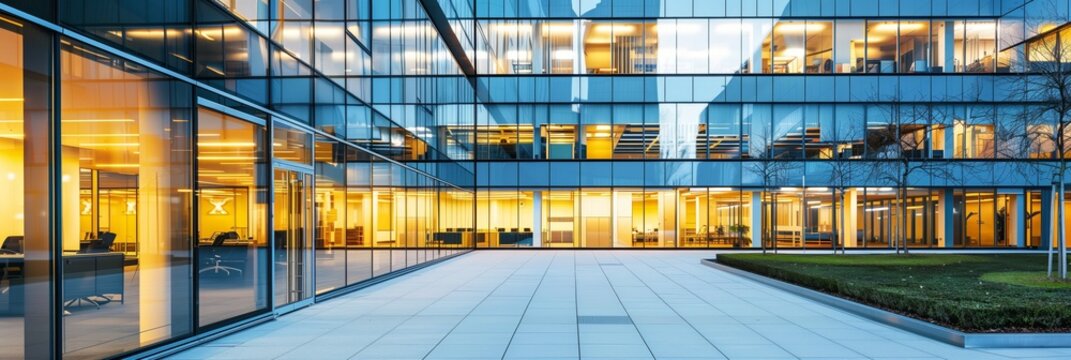 Exterior view to glass facade of modern styled office building