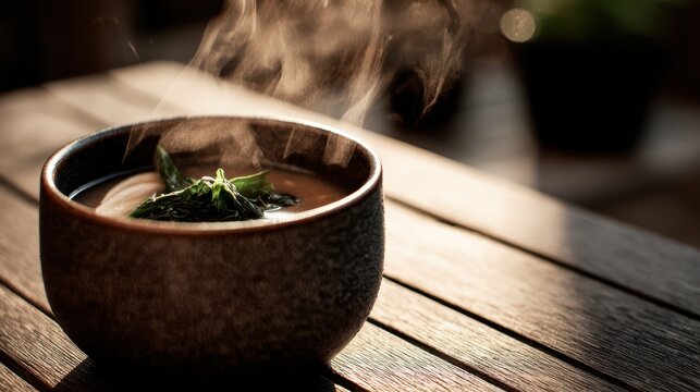 Steaming Bowl of Delicious Soup: A rustic, handcrafted bowl filled with steaming hot soup, garnished with fresh herbs, rests on a wooden table, radiating warmth and comfort on a crisp day.
