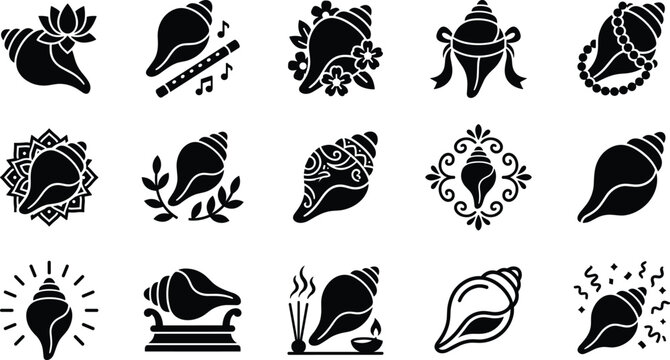 Set of black silhouette conch shell icons for religious rituals and spiritual meditation