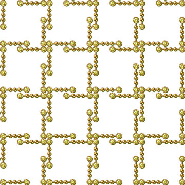 Seamless jewelry pattern with golden elements with pale green gem chrysolite, rhinestones arranged in geometric square grid like lattice. Transparent background. Luxury design