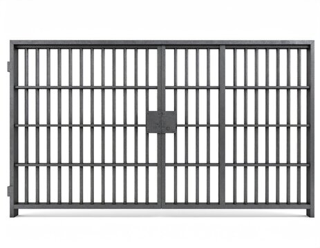 Stark metal bars form a rigid, imposing cell gate with a central locking mechanism