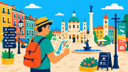Traveler explores a vibrant European square. He wears a hat and carries a map and backpack. Colorful buildings frame the scene with a fountain. Statue stands tall behind an open plaza © LarisaM