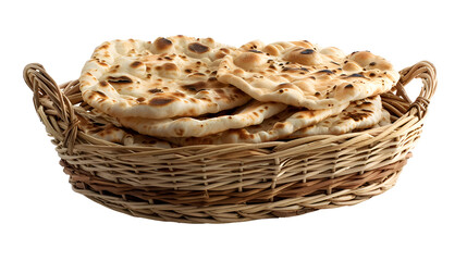 Obraz premium Pile of charred flat breads presented in woven basket on neutral backdrop
