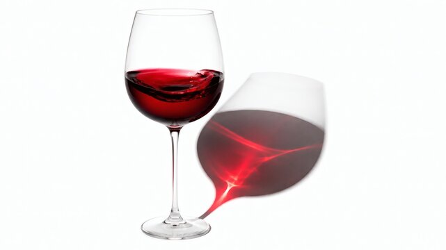 Two wine glasses with red wine on a white background, one pouring into the other.