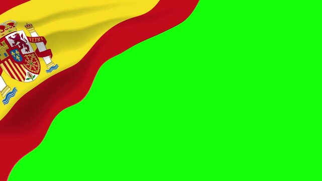 Waving Spanish flag in the corner with green screen chroma key background. Perfect for custom videos, news, sports, tourism, and presentations.