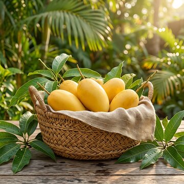 Fresh ripe yellow mangoes in a woven wicker basket on a wooden table in a sunny tropical garden. ataulfo mango