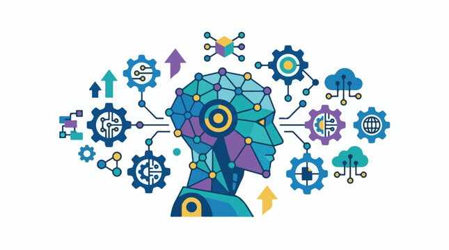 A colorful stylized illustration of a human head in profile composed of geometric shapes and surrounded by various ico