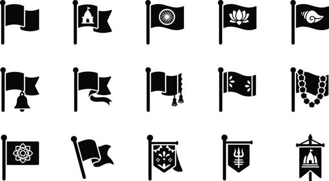 Set of black and white indian religious temple flag icons with traditional cultural symbols including lotus and conch isolated on white background